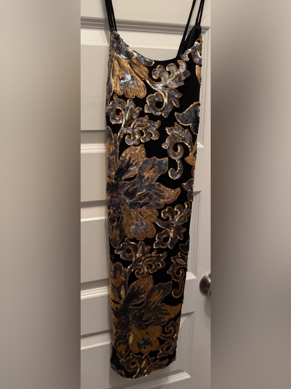 Black Sequin Floral Dress with Gold & Silver Embroidery